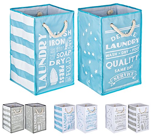 TOPP4u Wäschesammler, Wäschekorb blau - weiß 2er Set, 4 tolle Designs, Vintage, faltbarer Wäschesack mit 45 Ltr, 30x30x50 cm, langlebige und praktische Wäschebeutel