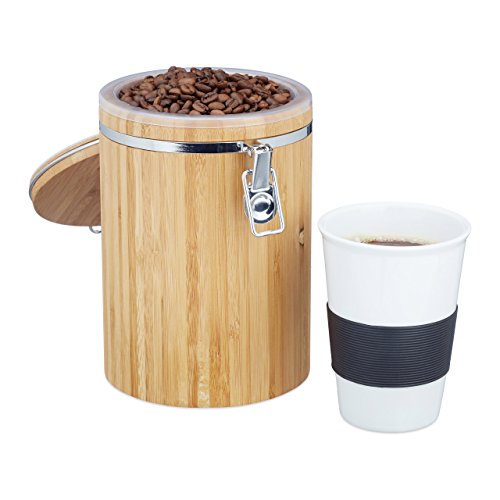 Relaxdays Kaffeedose Bambus, leicht zu reinigen, Kunststoffbehälter, Bügelverschluss, H x B x T: ca. 20 x 13,5 x 13,5 cm, natur