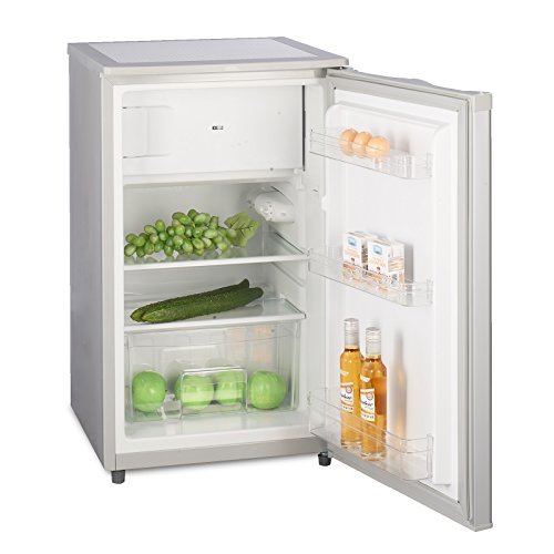 Kühlschrank mit Gefrierfach A++ (90 Liter) Silber - 4-Sterne-Gefrierfach (-18 °C) Gefrierschrank ✓ Abtauautomatik ✓ Glasablagen ✓ Gemüsefach ✓ Türablagen ✓ Innenbeleuchtung ✓