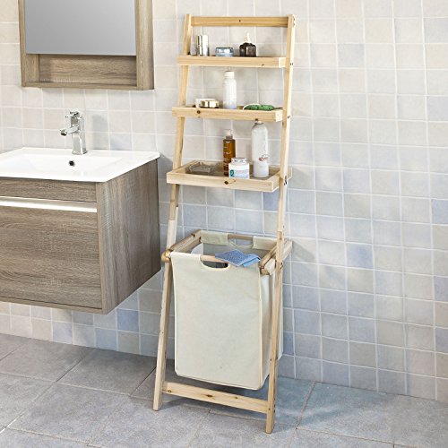 SoBuy® Leiterregal, Badezimmer-Regal mit abnehmbarem Wäschekorb und 3-Fächern zur Ablage, FRG160-N