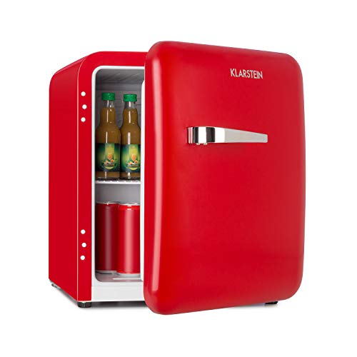 Klarstein Audrey Mini Retro-Kühlschrank - Mini-Kühlschrank, Getränkekühlschrank, Energieeffizienzklasse A+, 48 Liter Fassungsvermögen, 2 Ebenen, Kühltemperatur: 0-10 °C, Flaschenfach, rot