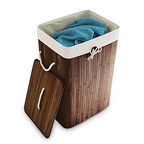 Relaxdays Wäschekorb Bambus H x B x T: ca. 65,5 x 43,5 x 33,5 cm faltbare Wäschetruhe rechteckig mit einem Fassungsvolumen von 83 L mit Wäschesack aus Baumwolle zum Herausnehmen als Wäschepuff, braun