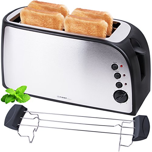 Edelstahl 4 Scheiben Toaster 1500 Watt mit Krümelschublade Sandwich Langschlitz / abnembarer Brötchenaufsatz / doppelt isoliertes Gehäuse, stufenlose Temperatureinstellung
