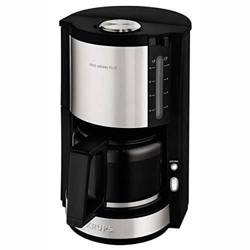 Krups KM321 Proaroma Plus Glas-Kaffeemaschine, 10 Tassen, 1100 W, modernes Design, schwarz mit Edelstahlapplikationen