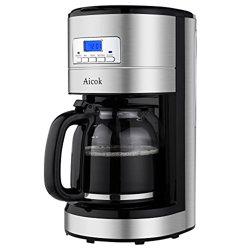 Aicok Kaffeemaschine 12 Tassen, Kaffeemaschine mit Timer, Glaskanne, Dauerfilter, Tropfstopp, Schwarz/Edelstahl