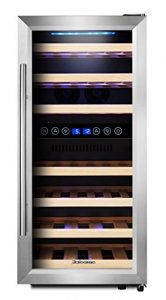 Kalamera KRC-33BSS Design Weinkühlschrank für bis zu 33 Flaschen (bis zu 310 mm Höhe), Zweizonen Weintemperierschrank mit Kompressor,5-10°C/10-18°C,(100 Liter, LED Bedienoberfläche, Edelstahl Glastür)