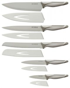 Küchenmesser Set – 5 Qualitäts-Messer mit Klingenschutz – Kochmesser, Brotmesser, Fleischmesser, Gemüsemesser, Schälmesser, antihaft – hygienisch, leicht zu säubern, extra scharf, rutschfeste Griffe
