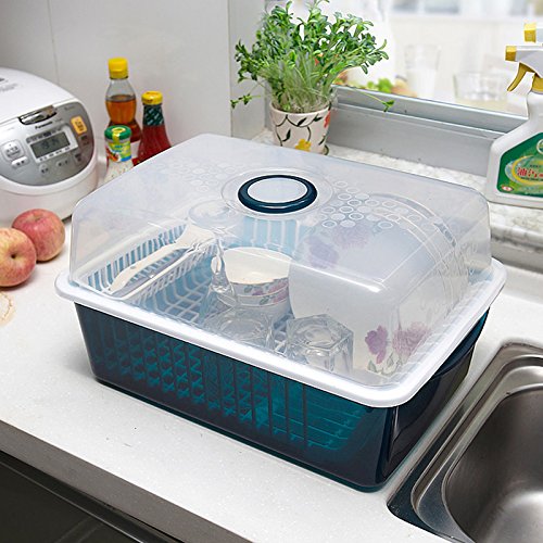 Schrank Kunststoff Küchenschüsseln Racks Abfluss Racks mit Deckel-Schüsseln Stäbchen Geschirr Aufbewahrungsbox Setzen Regale Geschirr Abtropfbrett Dripping ( farbe : Blau )