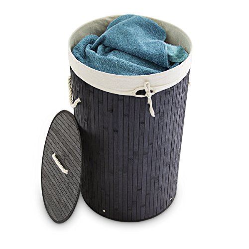 Relaxdays Wäschekorb Bambus rund Ø 41 cm, 65 cm hoch cm faltbare Wäschetruhe mit einem Volumen von 80 Litern mit Wäschesack aus Baumwolle zum Herausnehmen für Ecken und Nischen im Badezimmer, schwarz
