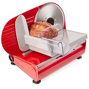 Andrew James – Elektrische Präzisions-Aufschnittmaschine Allesschneider in Rot – 19cm Klinge + 2 Extra Klingen für Brot und Fleisch – 2 Jahre Garantie