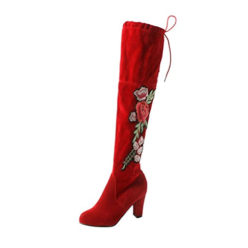 Kniehohe Stiefel Damen, DoraMe Frauen Rose Bestickte High Heels Schuhe Knie Stiefel Herde Boots (37, Rot)