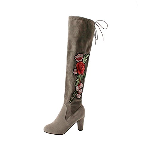 Kniehohe Stiefel Damen, DoraMe Frauen Rose Bestickte High Heels Schuhe Knie Stiefel Herde Boots (35, Grau)