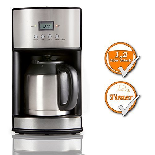 Kaffeemaschine für 1,2Liter Kaffee, mit 24h Timer, für 10 Tassen Kaffee, zu jeder Tageszeit und Nachtzeit, schwarz-silbernes Design