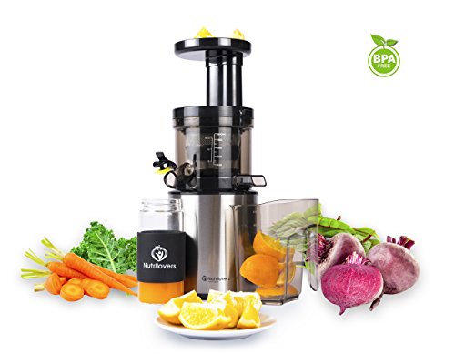 NUTRILOVERS Slow Juicer Entsafter Saftpresse | Entsaftet elektrisch Obst und Gemüse | nur 45 U/min | BPA-Frei - ULTEM | Rezeptbuch; silber