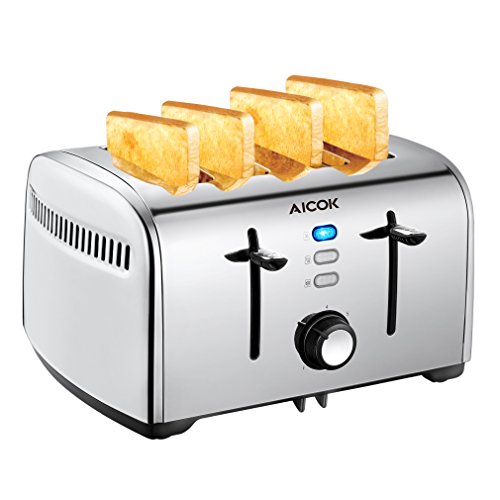 Aicok Toaster, Edelstahl Toaster mit Abnehmbarer Krümelschublade (1700 Watt, bis zu 4 Brotscheiben und 7 Bräunungsstufen) , glatter Edelstahl, Silber
