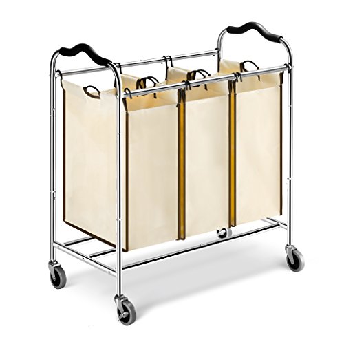 LANGRIA Wäschekorb Wäschesammler Rollend Wäschesortierer 3 Fächer Chrome Metal Rahmen 75 lbs Kapazität Beige