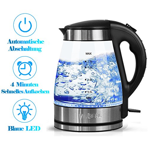 Glas Wasserkocher - Elektrische Wasserkessel Teekocher 1,7 L mit blaue LED Beleuchtung, 2200W abnehmbar kabellos Wasserkocher mit automatische Abschaltung Überhitzungsschutz schwarz