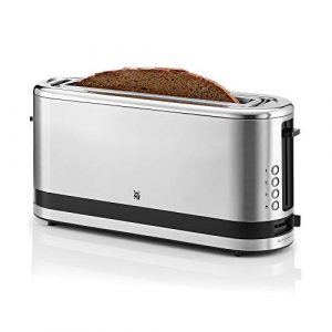 WMF KÜCHENminis Langschlitz-Toaster (900 Watt, integrierter Brötchenwärmer, 2 XXL Brotscheiben, Auftau-Funktion) cromargan matt/silber
