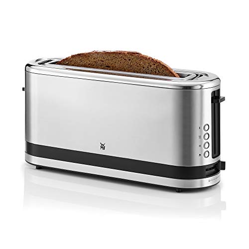 WMF KÜCHENminis Langschlitz-Toaster (900 Watt, integrierter Brötchenwärmer, 2 XXL Brotscheiben, Auftau-Funktion) cromargan matt/silber