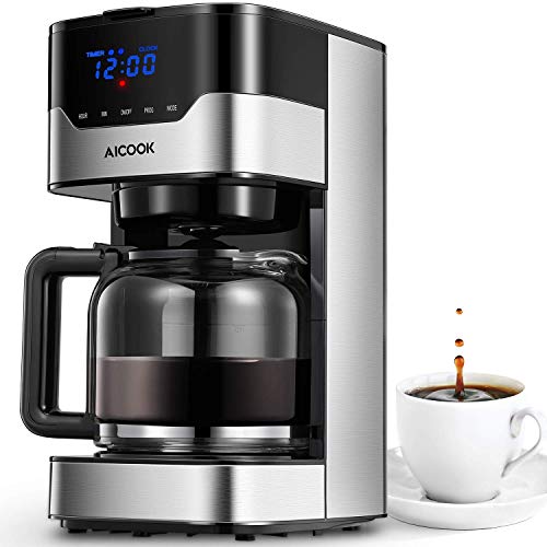 Aicook Kaffeemaschine mit Timerfunktion, Programmierbarer Filterkaffeemaschine Einstellbare Kaffeekonzentration, Anti-Drip-Funktion, Touchscreen, Dauerfilter, 900 W, Schwarz