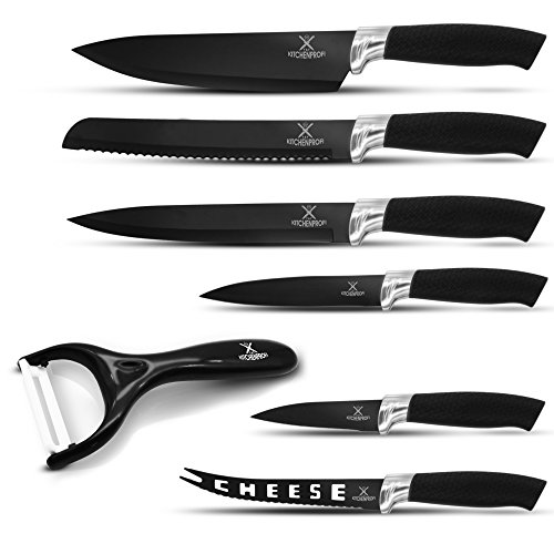 KRONENKRAFT Multifunktions 7-teiliges Küchenmesser Set Messer-Set mit Fleischmesser, Brotmesser, Gemüsemesser, Obstmesser, Kochmesser, Sparschäler - rostfreies Set - leicht zu reinigen