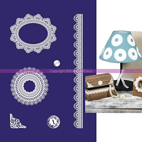 Schablone Selbstklebend Zarten Spitzen und Knöpfe, 6 Motive, Format A5 mit Raclette