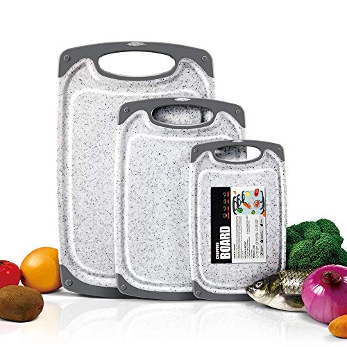 Masthome 3 Stück Schneidebrett Set Kunststoff BPA-frei Rutschfest und Antibakteriell Schneidebrett mit Saftrillen in Verschiedene Größen für Fleisch Gemüse Obst