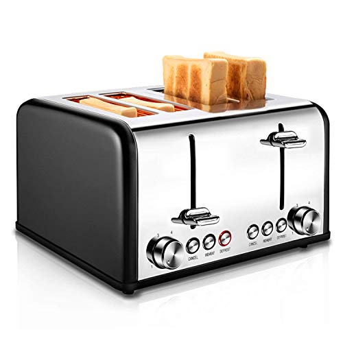 REDMOND Toaster 4 Scheiben 1650W Edelstahl Toaster mit 6 Bräunungsstufen, Brotzentrierung, Aufwärm/Auftau/Abbruch-Funktionen, Abnehmbarer Krümelschublade (Schwarz)