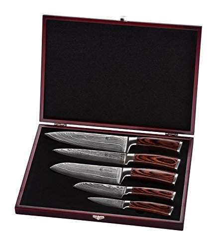 Wakoli Damastmesser Profi Messerset mit Holzbox, VG-10, 33,5 cm bis 19,5 cm, sehr hochwertiges Damast Messer, Japanische Damaszener Küchenmesser mit Edelholz Griffen